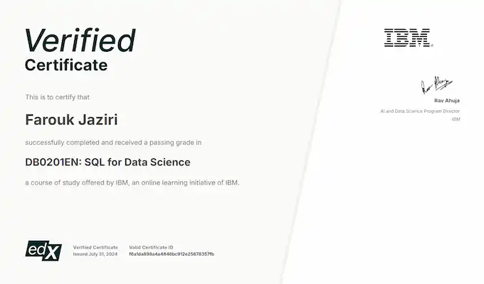 Certification for SQL for Data Science